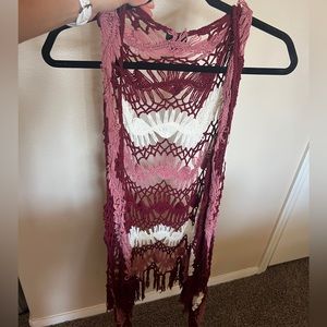 Burgundy white and pink Crocheted cardigan